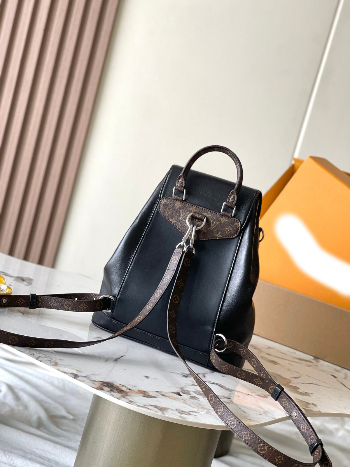 Black leather patchwork monogram backpack series