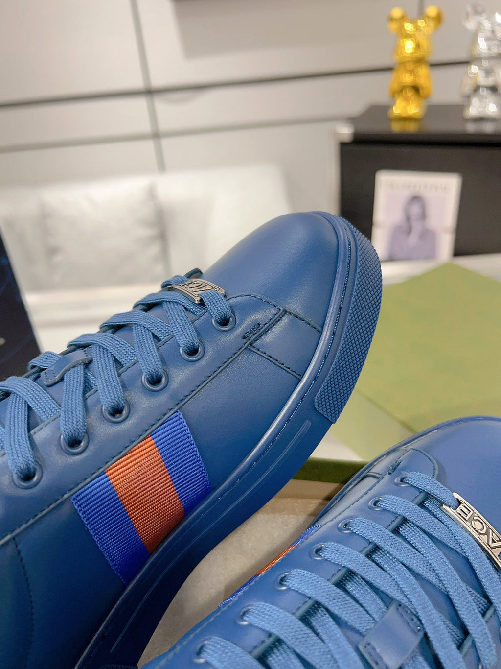 Ace Series Men's Blue Leather Woven-Lace Low-Top Sneakers |701460 0FI60 4061