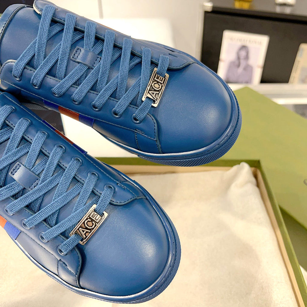 Ace Series Men's Blue Leather Woven-Lace Low-Top Sneakers |701460 0FI60 4061