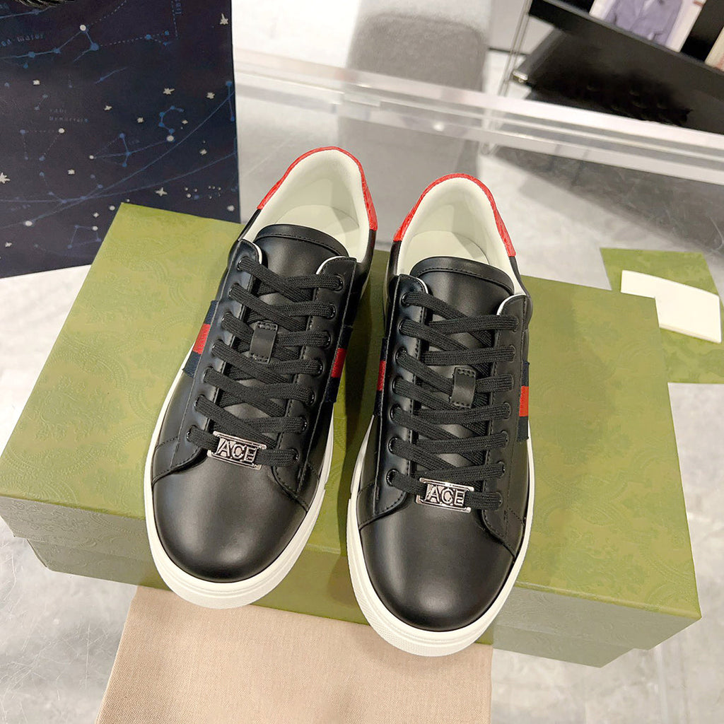 Ace Series Black Leather Men's Woven-Lace Leather Sneakers| 757892 AACAG 1096