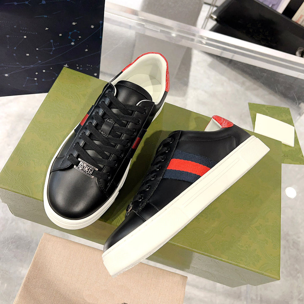 Ace Series Black Leather Men's Woven-Lace Leather Sneakers| 757892 AACAG 1096