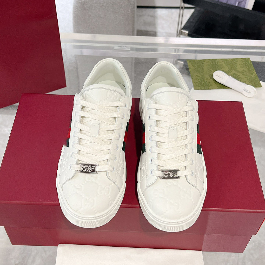 Men's Ace Series White Leather GG Embossed Sneakers (with Woven Straps)| 757892 AACAG 9055