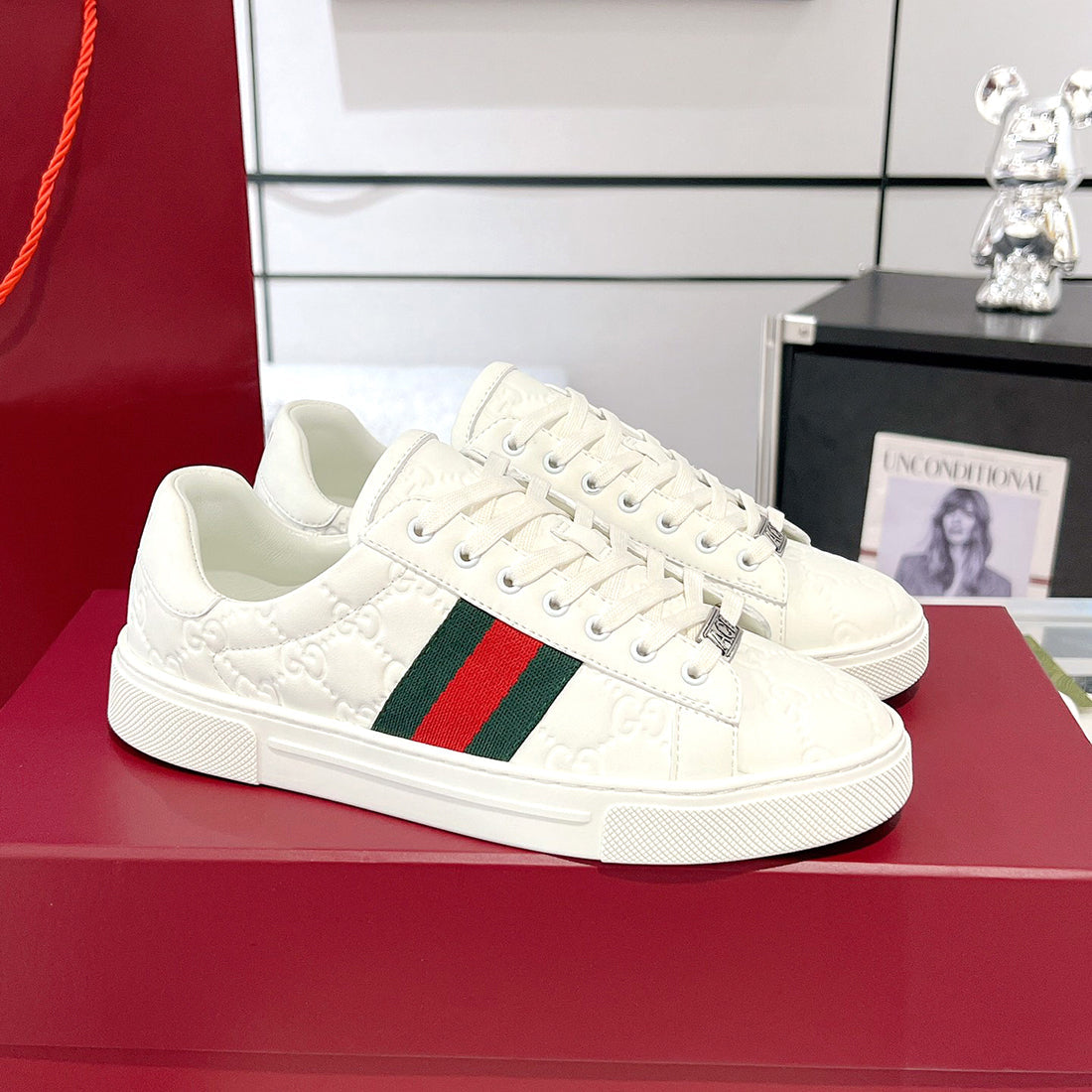 Men's Ace Series White Leather GG Embossed Sneakers (with Woven Straps)| 757892 AACAG 9055