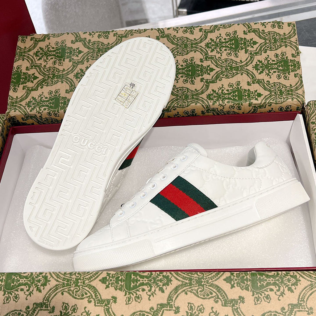 Women's Ace Series White Leather GG Embossed Sneakers (with Woven Straps)| 757943 AACAG 9055