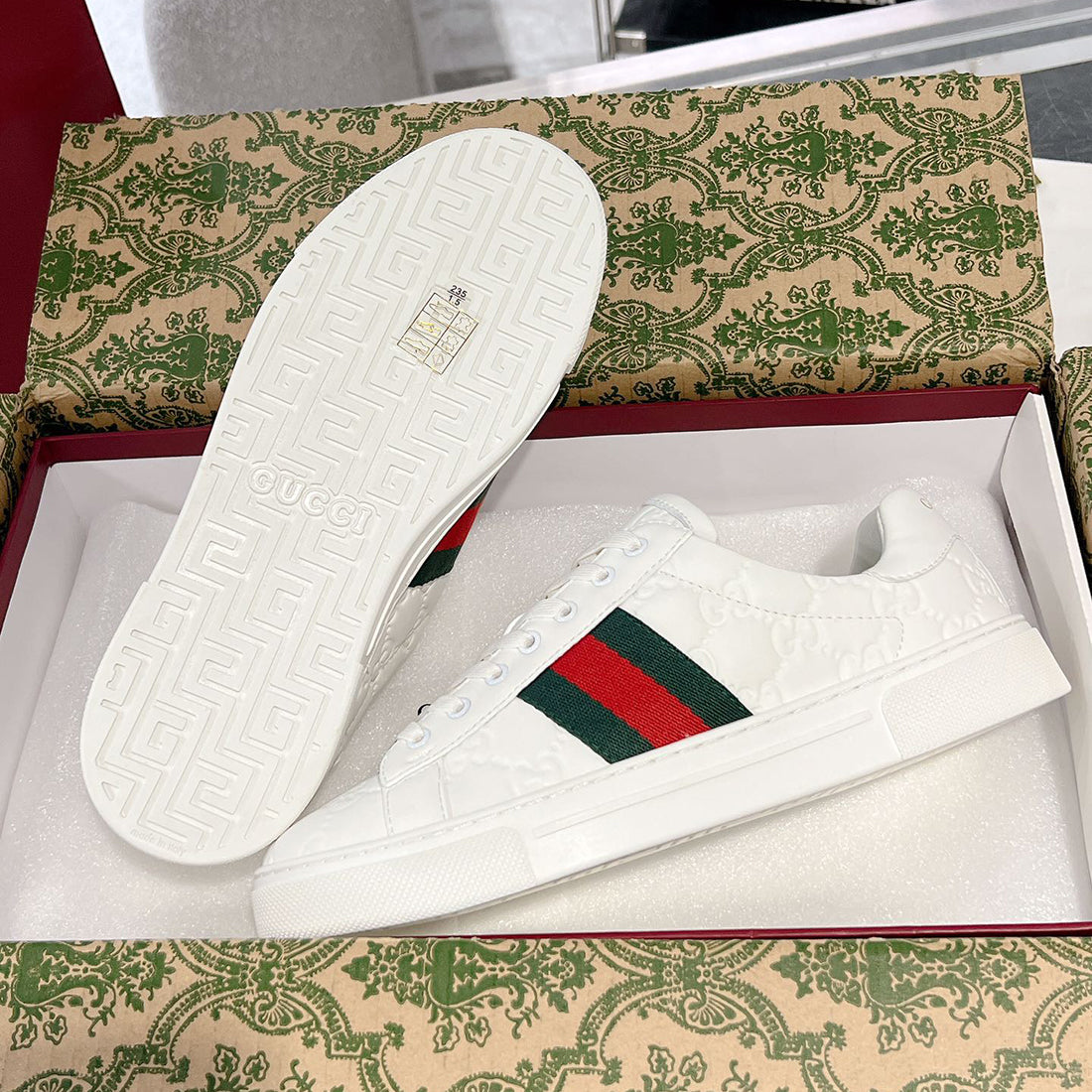 Women's Ace Series White Leather GG Embossed Sneakers (with Woven Straps)| 757943 AACAG 9055