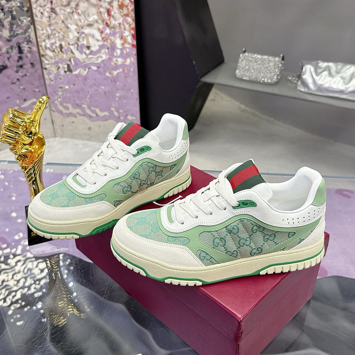 Re-Web Series Sneakers (Men's), Classic GG Canvas, Green/Ivory Patchwork|  787476 AADHW 9573