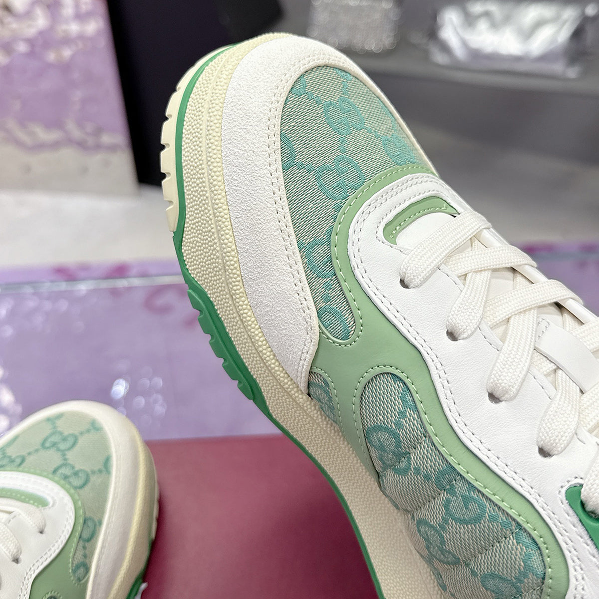 Re-Web Series Sneakers (Men's), Classic GG Canvas, Green/Ivory Patchwork|  787476 AADHW 9573