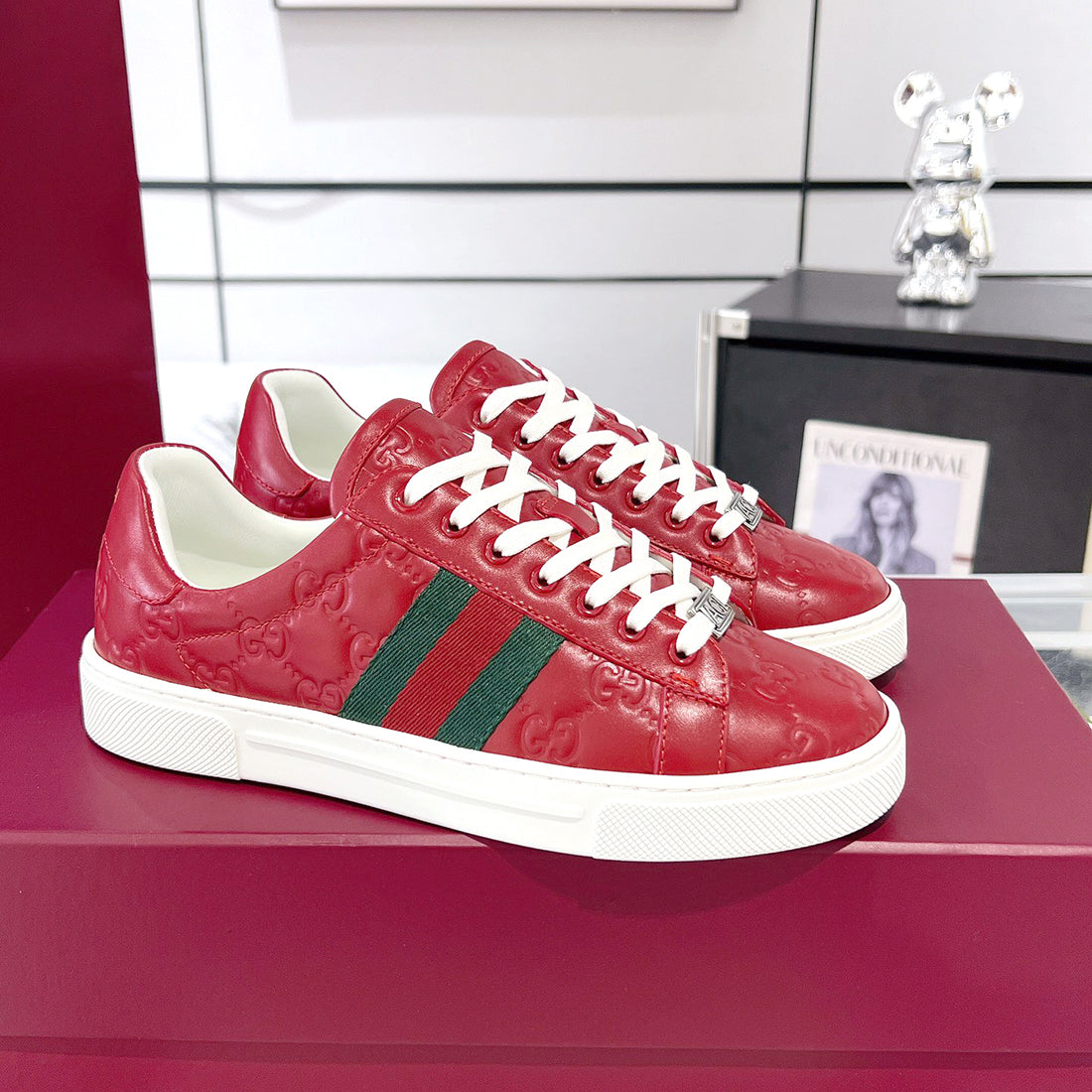 Ace Series Red GG Embossed Leather Women's Sneakers| 757943 AADSP 6247