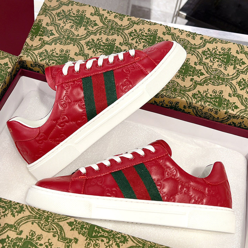 Ace Series Red GG Embossed Leather Men's Sneakers| 757892 AADSP 6247