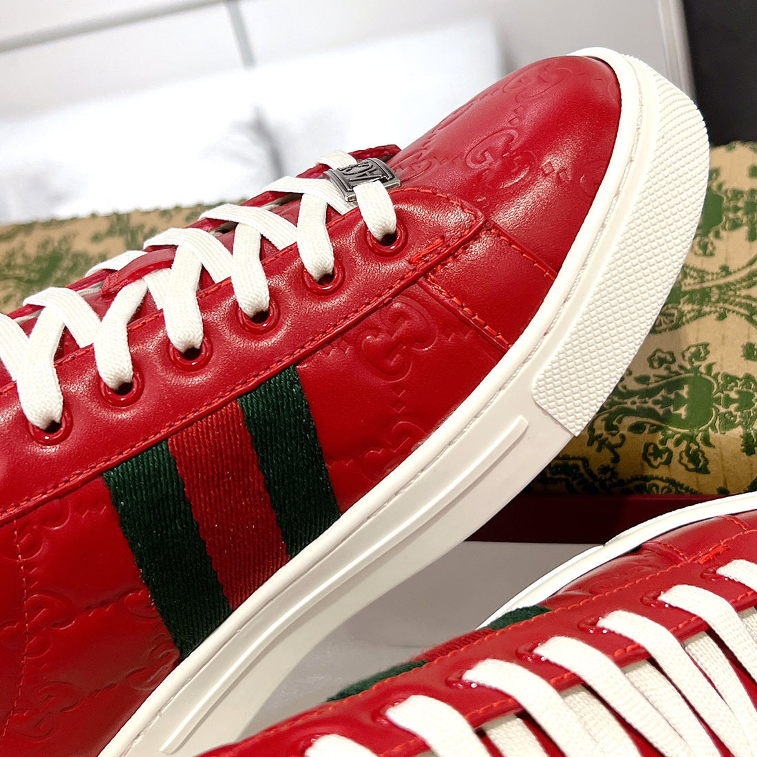 Ace Series Red GG Embossed Leather Women's Sneakers| 757943 AADSP 6247