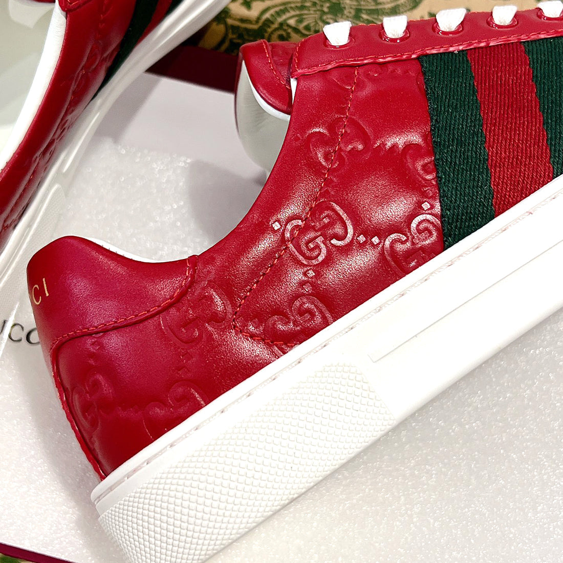 Ace Series Red GG Embossed Leather Women's Sneakers| 757943 AADSP 6247