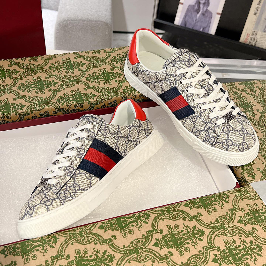 Women's Ace Series Web Strap Beige GG Supreme Canvas Sneakers |760774 FACMZ 4049