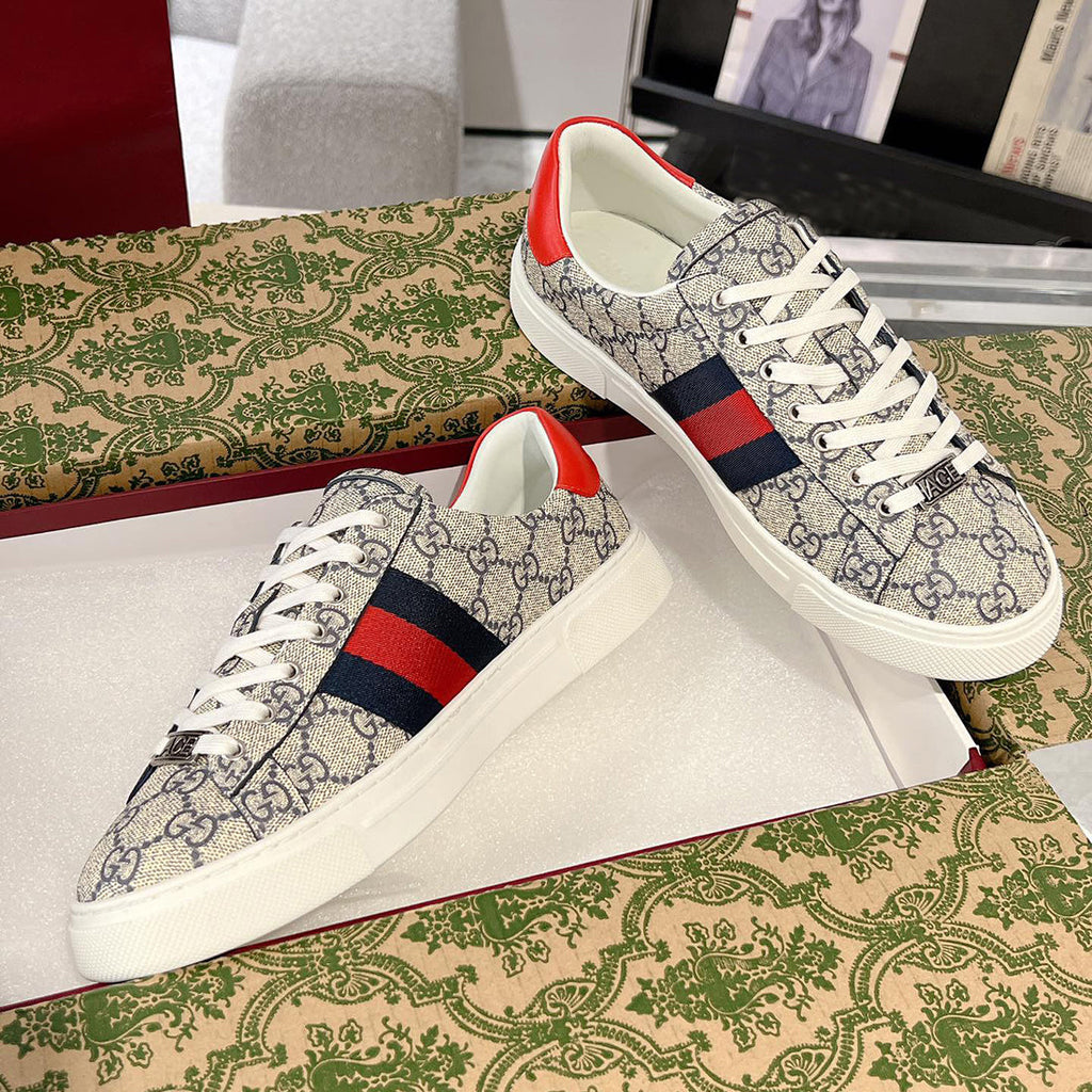 Men's Ace Series Web Strap Beige GG Supreme Canvas Sneakers |760775 FACMZ 4049