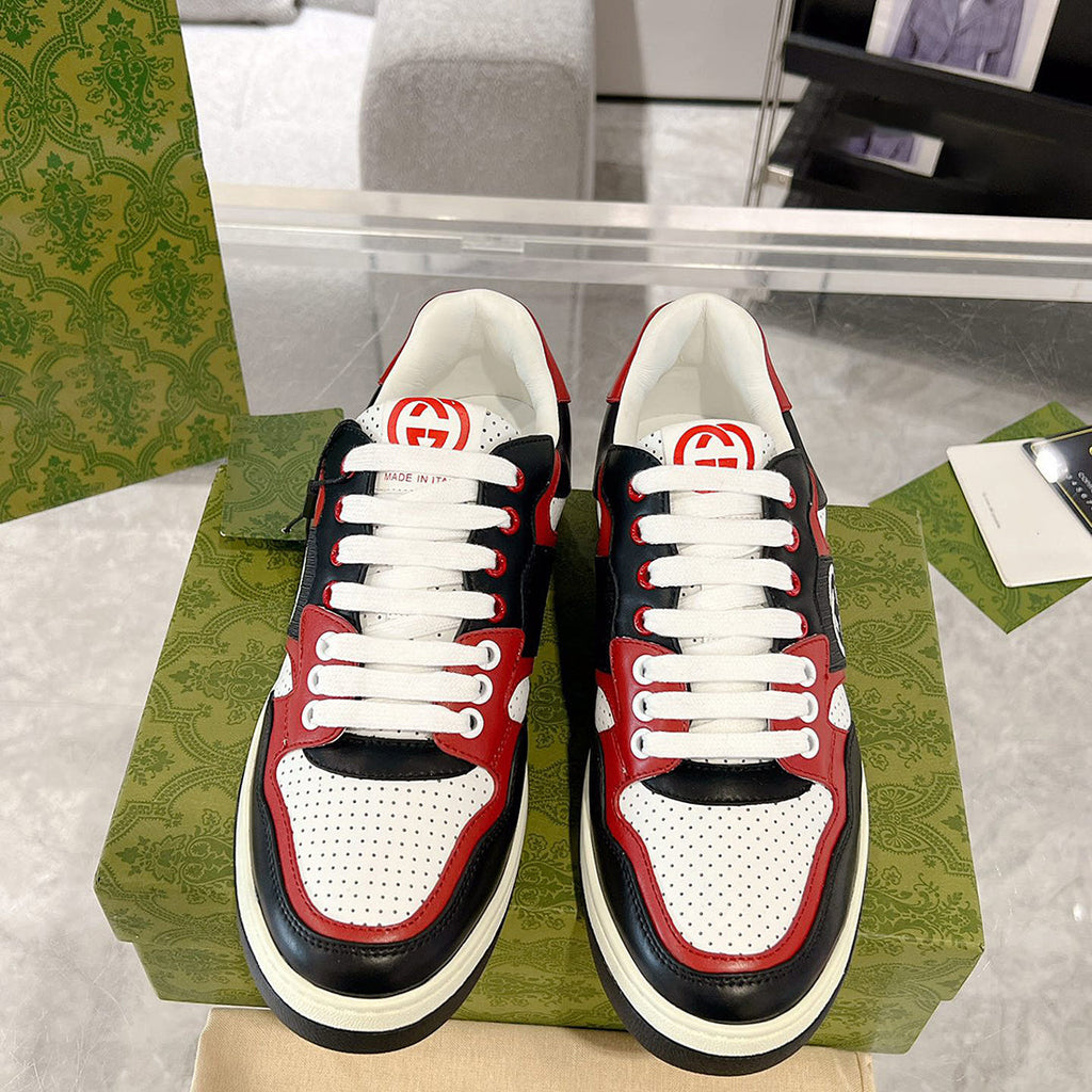 Men's Black, White, and Red Interlocking G Leather Sneakers |762611 AACNW 1051