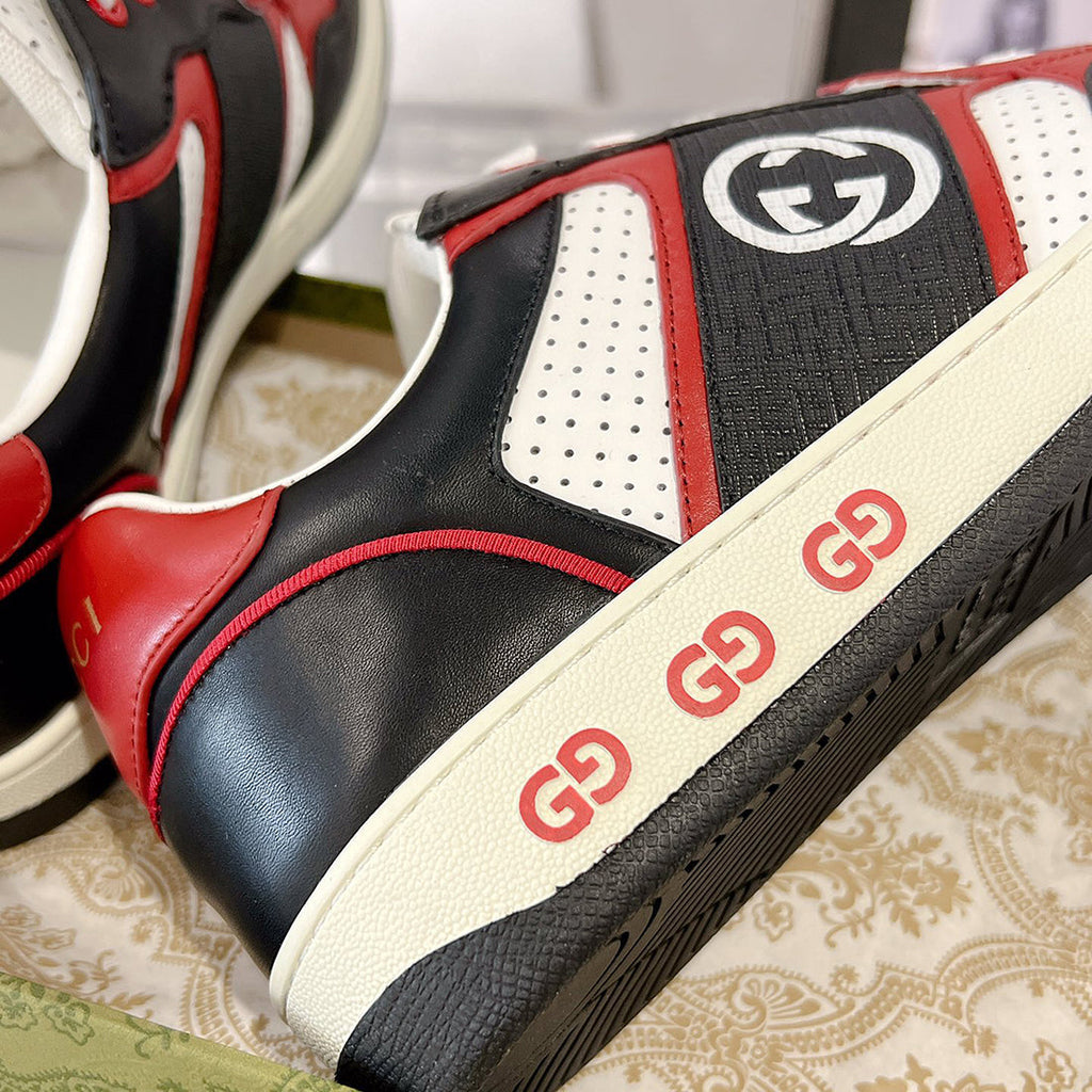 Men's Black, White, and Red Interlocking G Leather Sneakers |762611 AACNW 1051