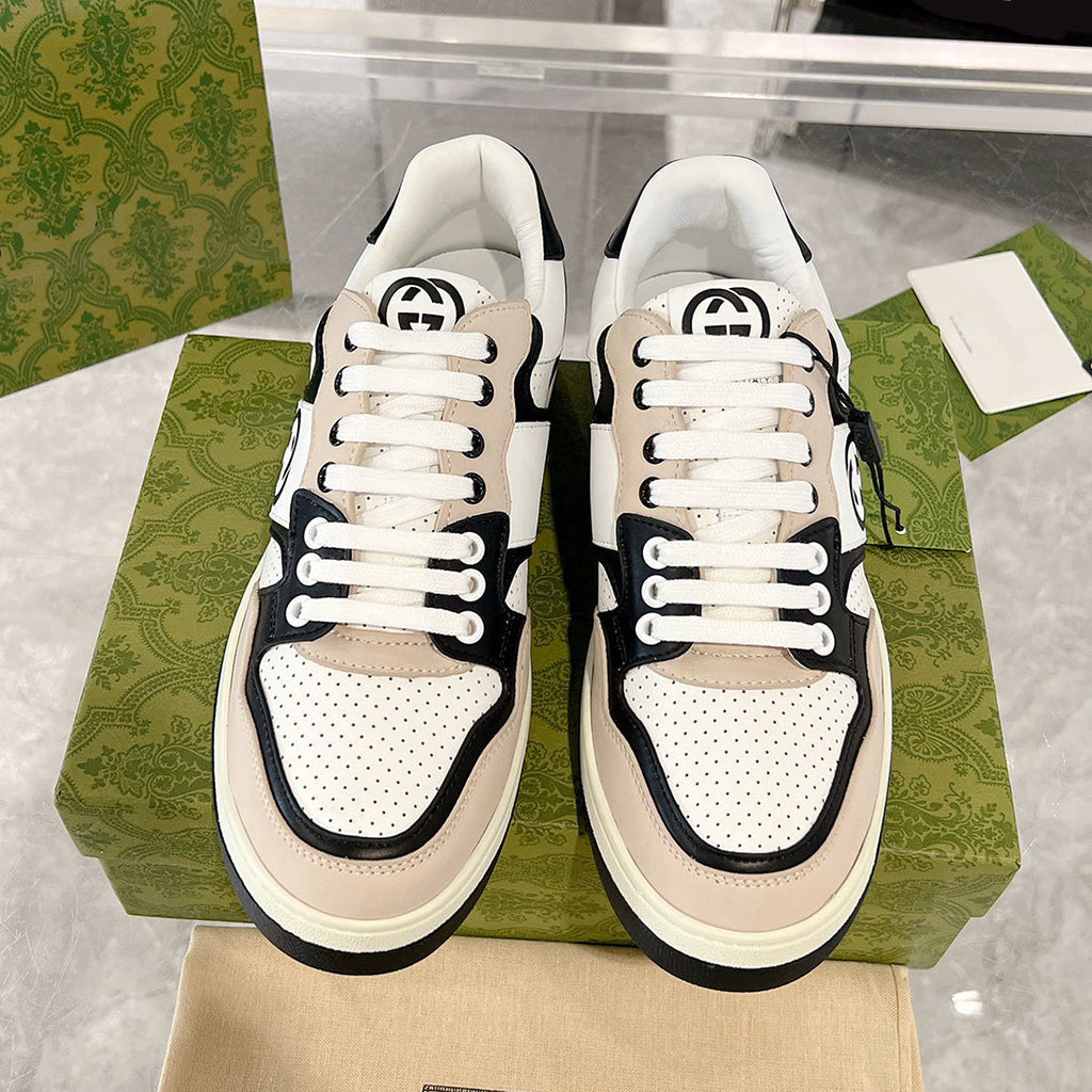 MAC80 Series Men's Interlocking Double G Sneakers (Off-White and Black Leather) |756811 AAB79 1051