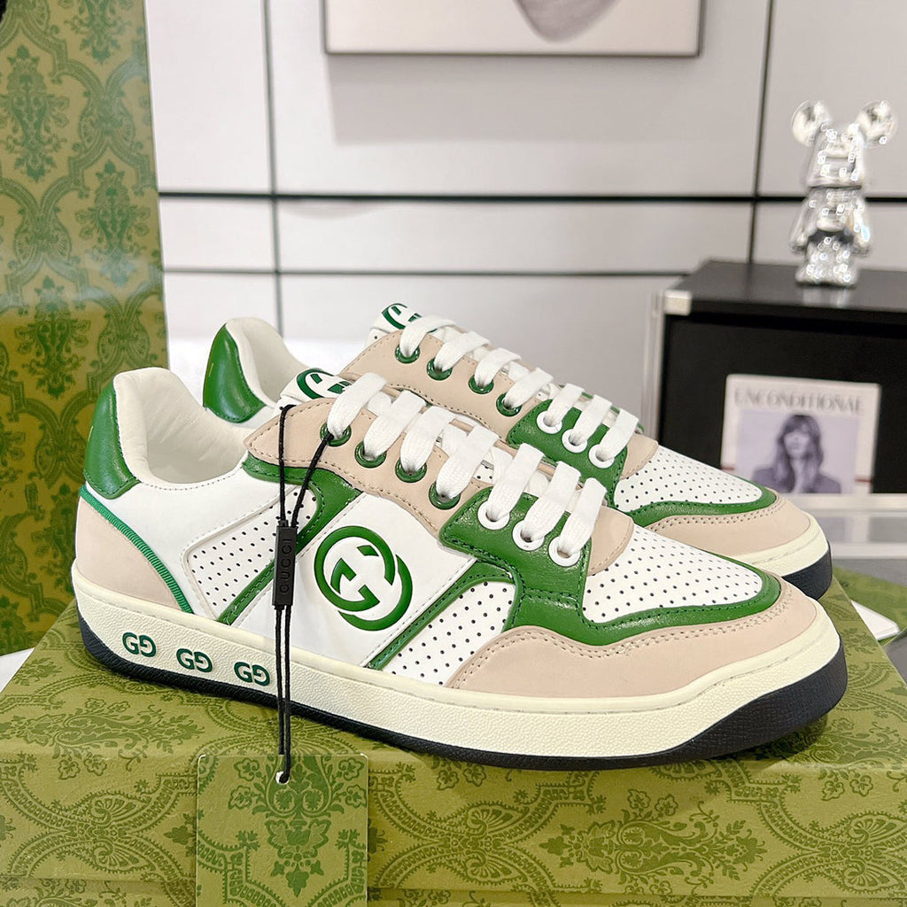 Men's MAC80 Series White and Green Calfskin Patchwork Sneakers |749896 AAB79 9148