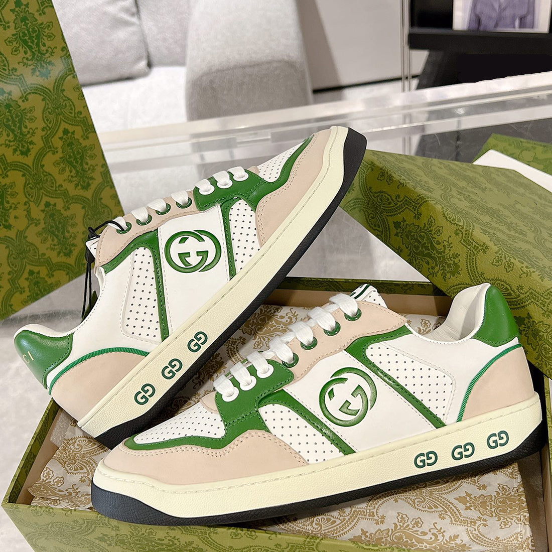 Men's MAC80 Series White and Green Calfskin Patchwork Sneakers |749896 AAB79 9148