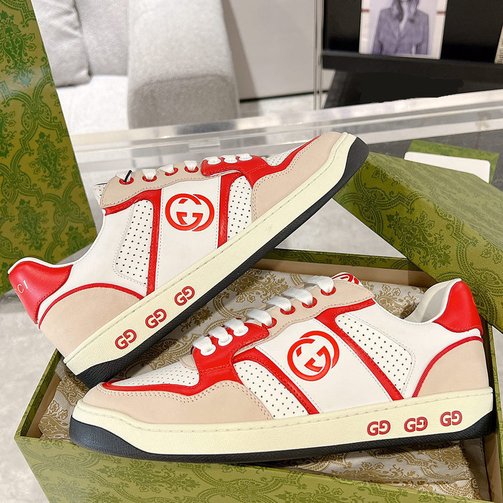MAC80 Series Men's Low-Top Double G Embroidered Sneakers (Beige/Red) |749896 AAB79 9150