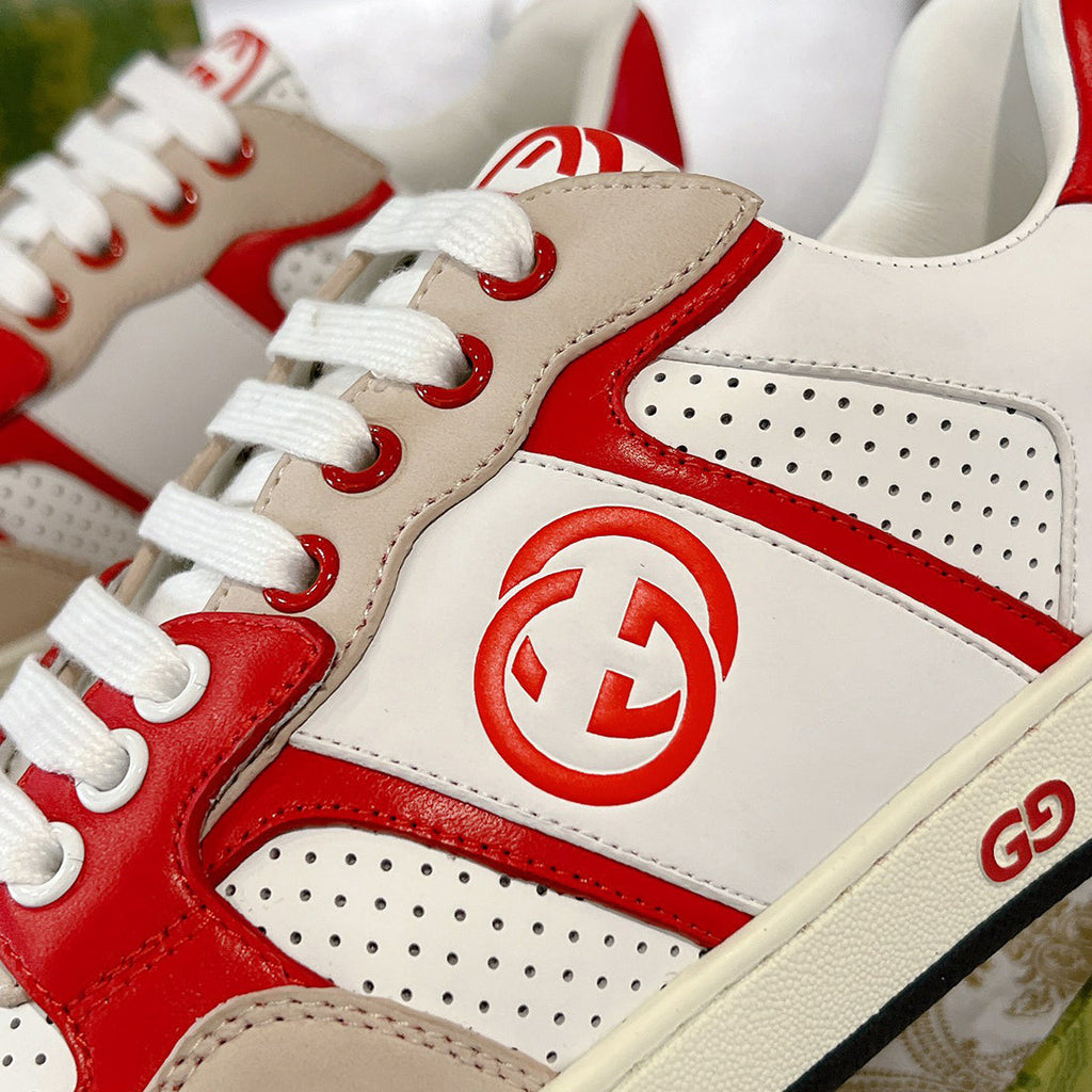 MAC80 Series Men's Low-Top Double G Embroidered Sneakers (Beige/Red) |749896 AAB79 9150