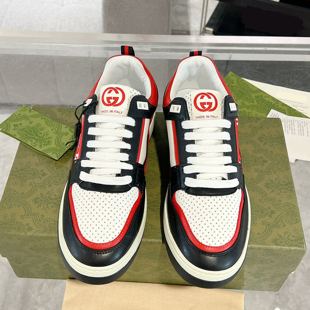 MAC80 Series Men's Embroidered Leather Sneakers (Black/Red/White Color Block) |756811 AAB79 1051