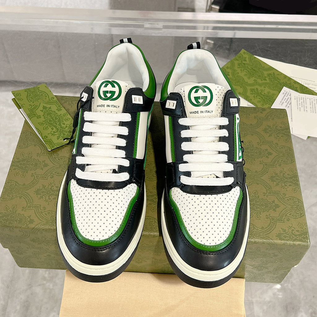 Women's MAC80 Interlocking G Black and Green Leather and Fabric Sneakers| 749896 AAB79 9148