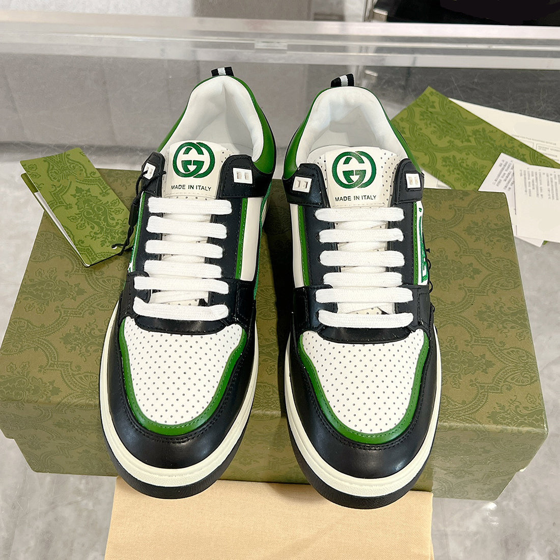 Women's MAC80 Interlocking G Black and Green Leather and Fabric Sneakers| 749896 AAB79 9148