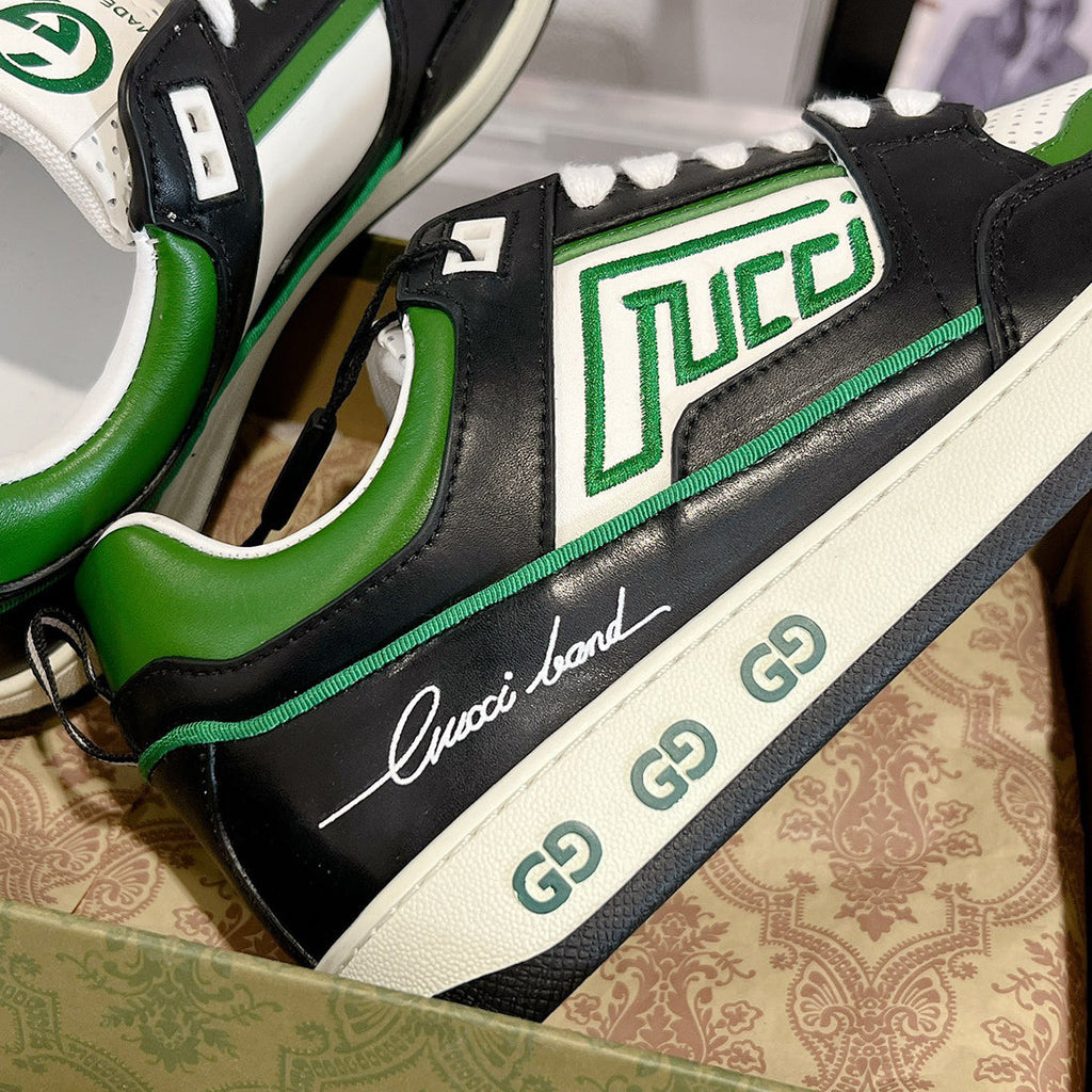 Women's MAC80 Interlocking G Black and Green Leather and Fabric Sneakers| 749896 AAB79 9148