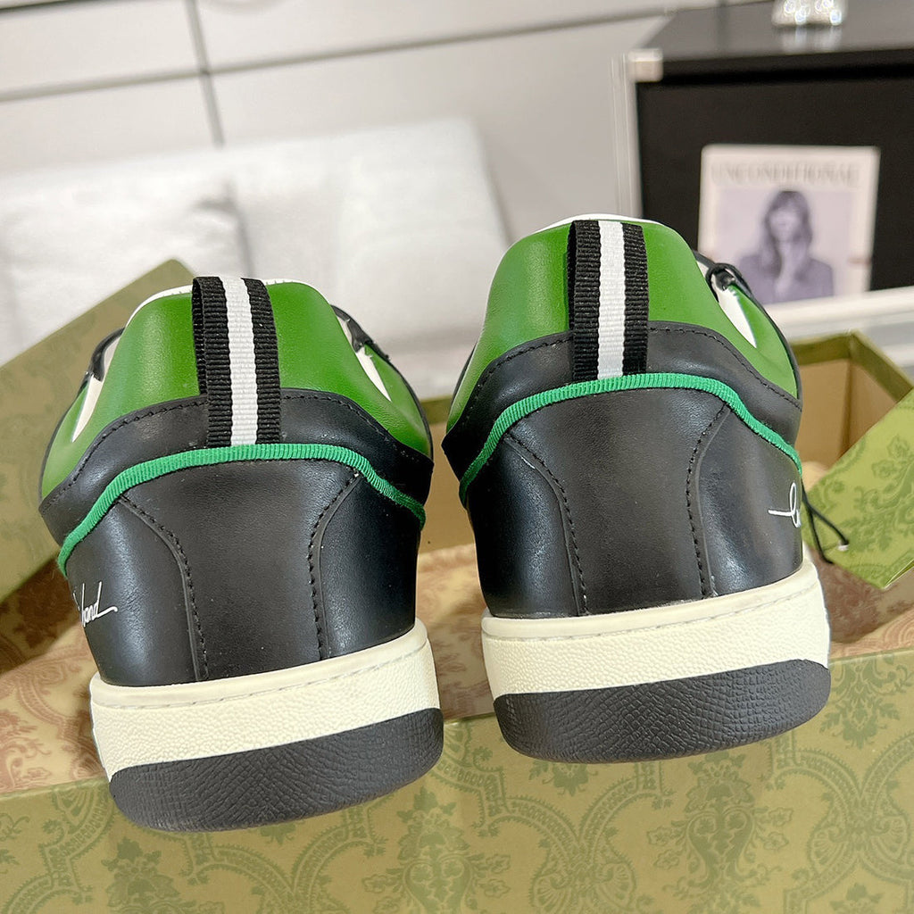 Men's MAC80 Interlocking G Black and Green Leather and Fabric Sneakers| 749896 AAB79 9148