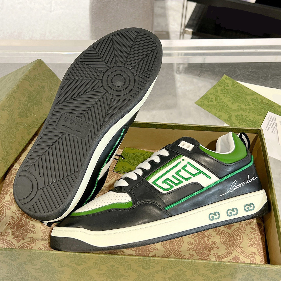 Women's MAC80 Interlocking G Black and Green Leather and Fabric Sneakers| 749896 AAB79 9148