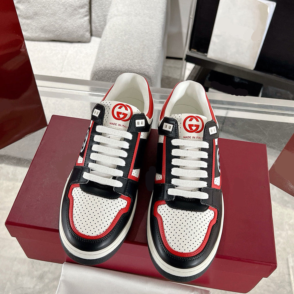 Men's MAC80 Series Interlocking G Embroidered Leather Sneakers (Black/Red/White) |762611 AACNW 1051