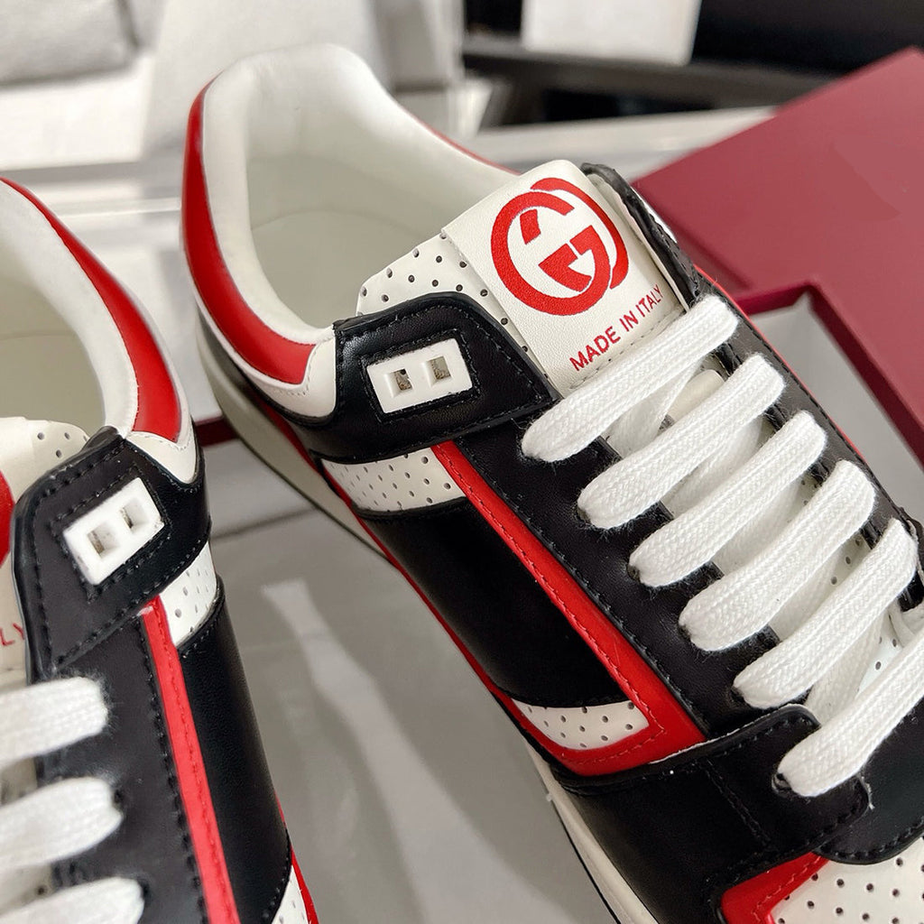 Men's MAC80 Series Interlocking G Embroidered Leather Sneakers (Black/Red/White) |762611 AACNW 1051