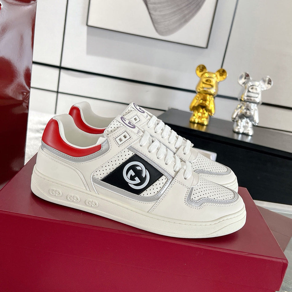 MAC80 Series Women's Double G Embroidered Leather Low-Top Sneakers (Off-White and Black/Red Colorway) |762611 AACNW 1051