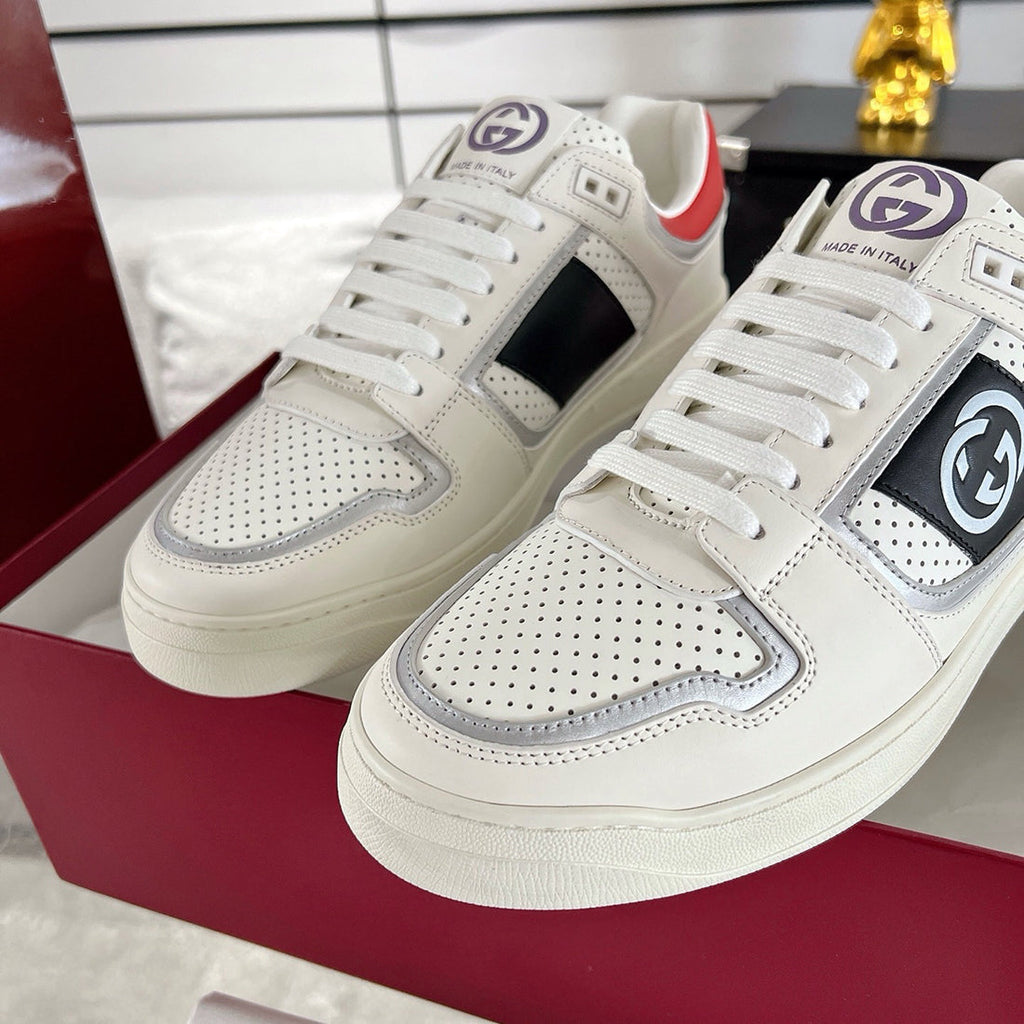 MAC80 Series Men's Double G Embroidered Leather Low-Top Sneakers (Off-White and Black/Red Colorway) |762611 AACNW 1051