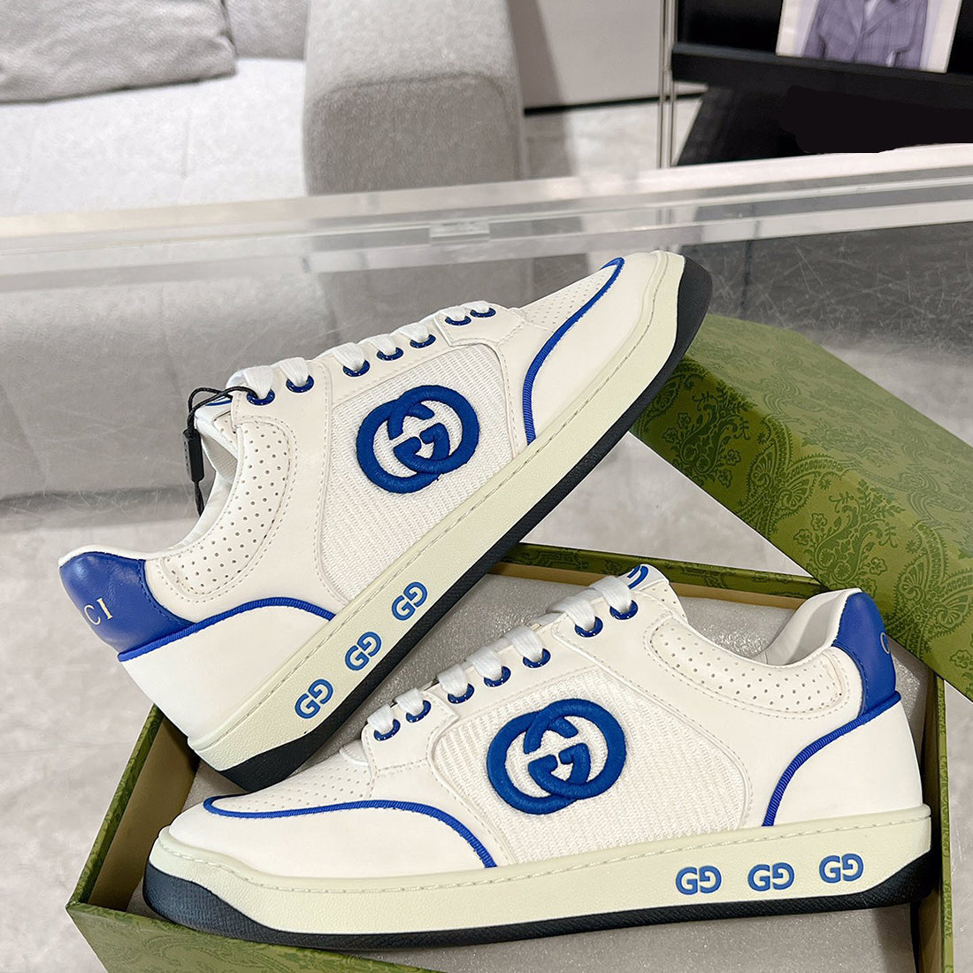 MAC80 Series Men's Low-Top Sneakers (Off-White and Blue Leather) |778301 AAB79 4542