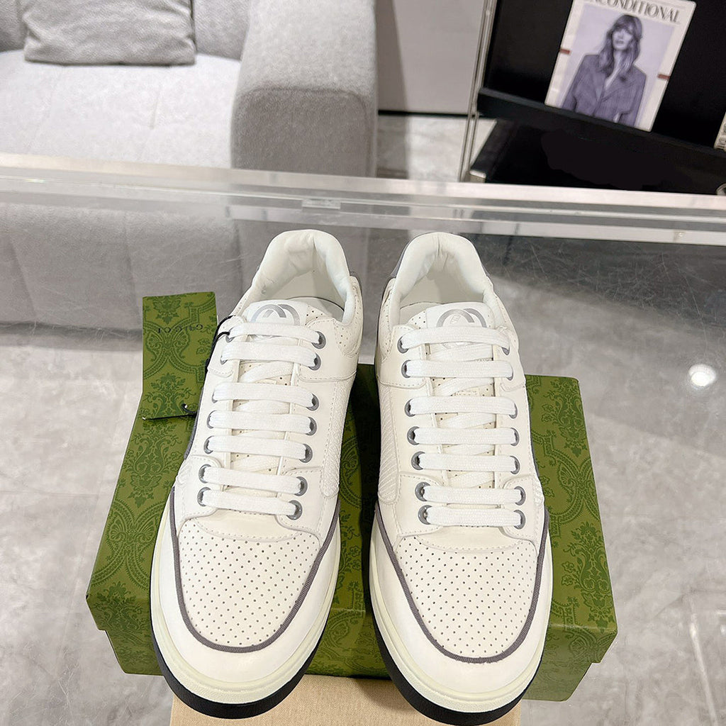 MAC80 Series Double G Embroidered Low-Top Women's Sneakers (Off-White and Gray Leather Panel)| 757604 AAB79 9154