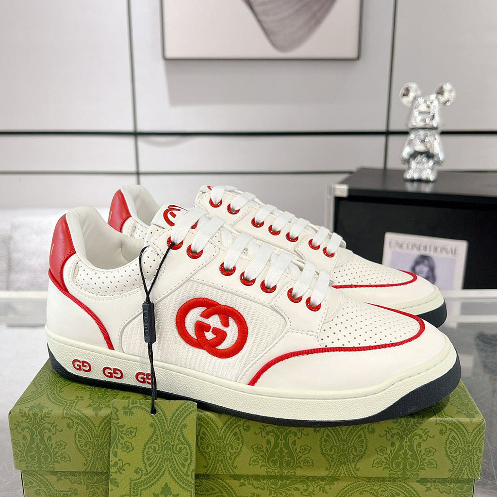 MAC80 Series Off-White/Red Leather and Fabric Men's Interlocking Double G Sneakers| 749896 AAB79 9150