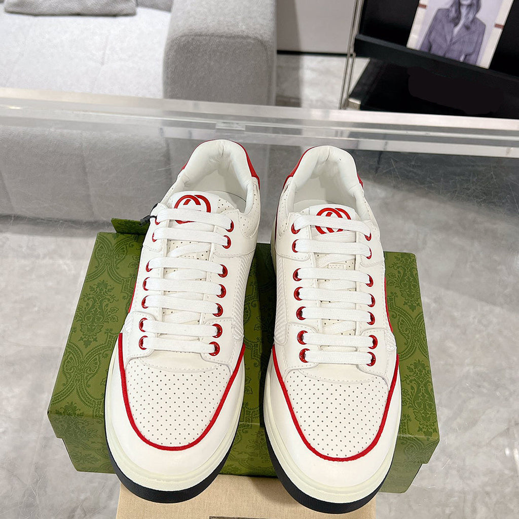 MAC80 Series Off-White/Red Leather and Fabric Men's Interlocking Double G Sneakers| 749896 AAB79 9150