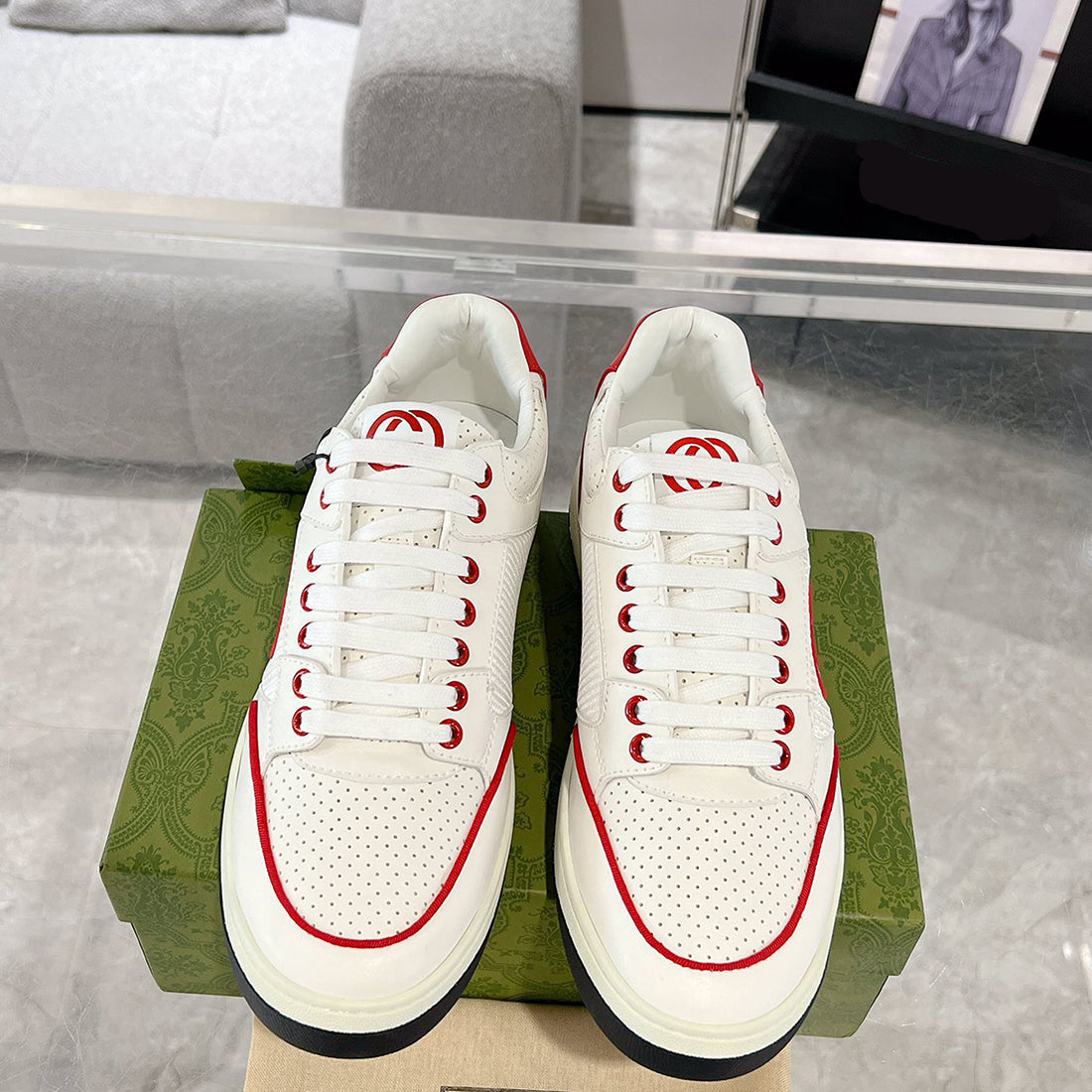 MAC80 Series Off-White/Red Leather and Fabric Men's Interlocking Double G Sneakers| 749896 AAB79 9150