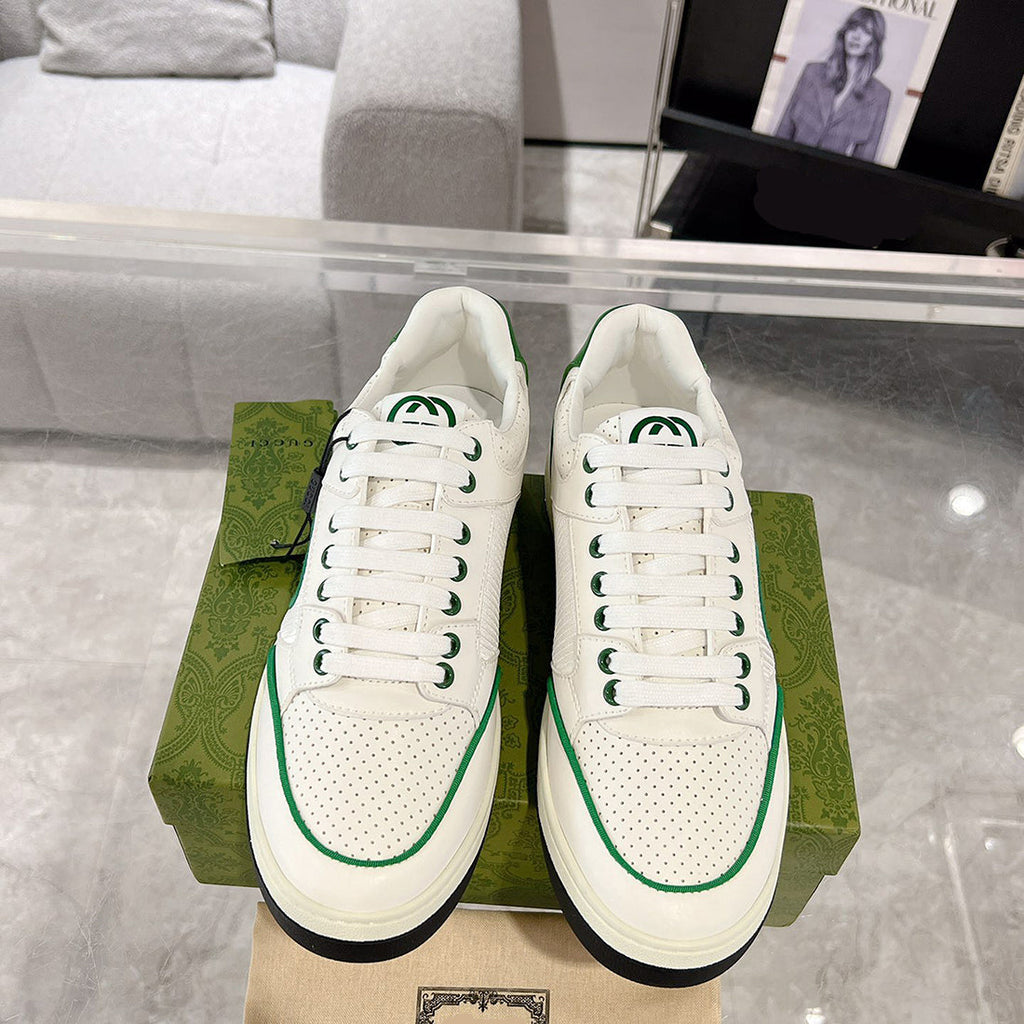 MAC80 Series Interlocking Double G Leather Men's Sneakers (White/Green Colorway) |749896 AAB79 9148