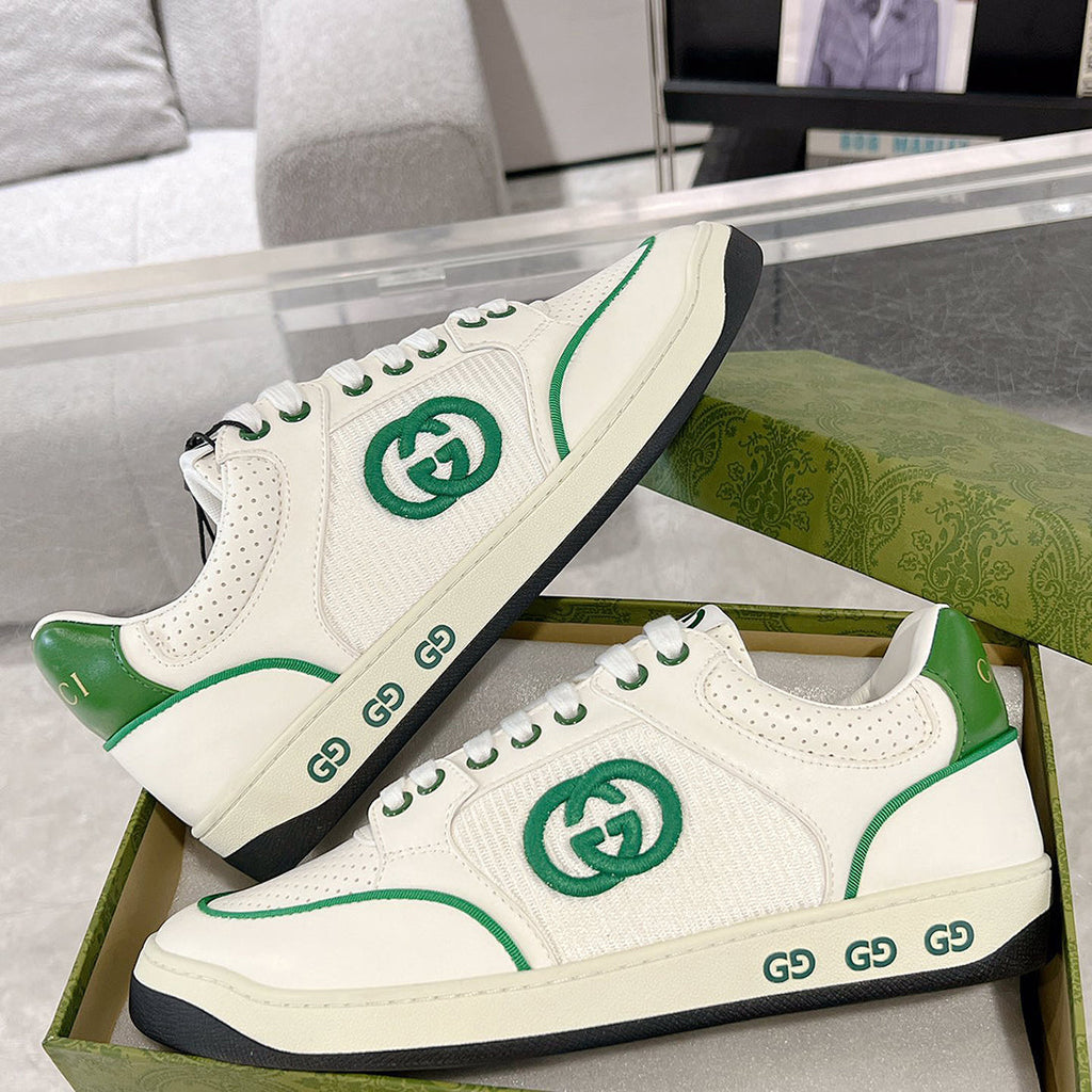 MAC80 Series Interlocking Double G Leather Women's Sneakers (White/Green Colorway) |749909 AAB79 9148