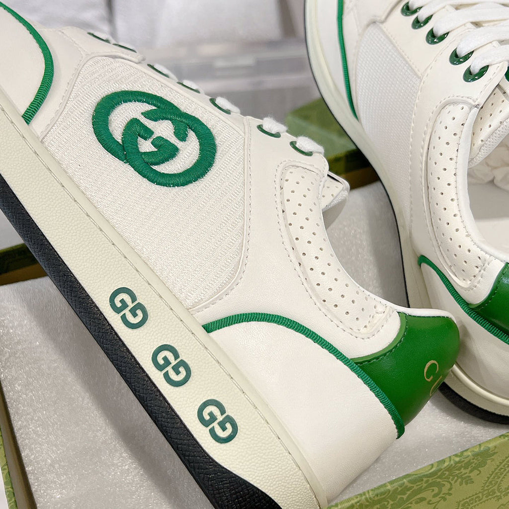MAC80 Series Interlocking Double G Leather Men's Sneakers (White/Green Colorway) |749896 AAB79 9148