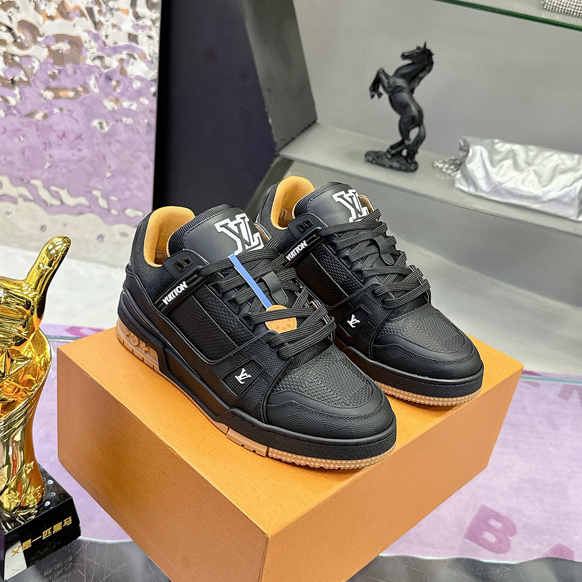 Men's Trainer Sneakers Black Embossed Calfskin Yellow/Ochre Lining |1AHTSW