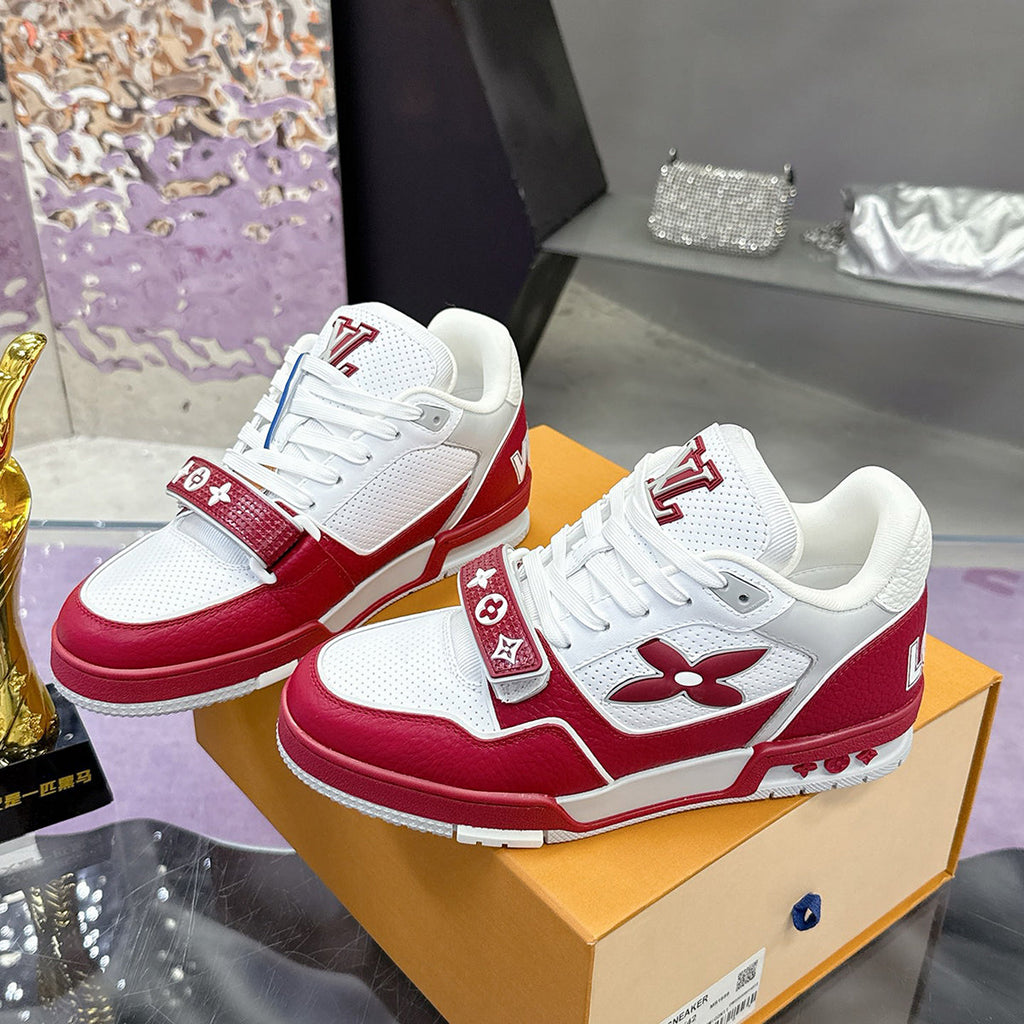 Men's Trainer Sneakers in Red and White Grained Calfskin and Patent Leather |1AHTC4