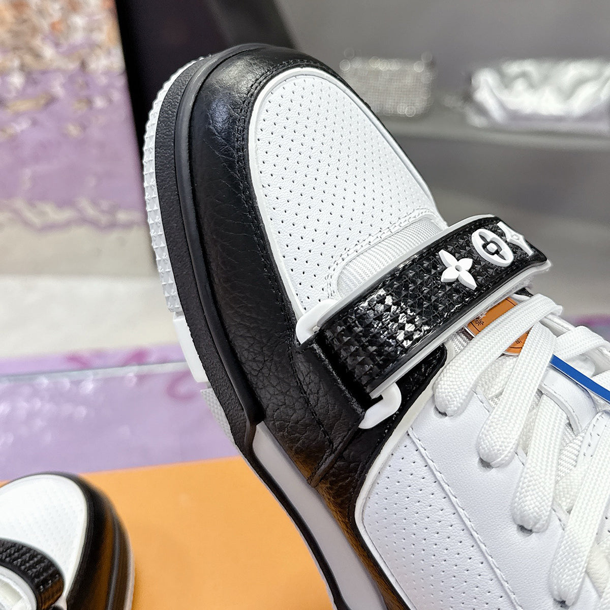 Men's  Trainer Sneakers Black/White Calfskin and Denim| 1A9ZB0