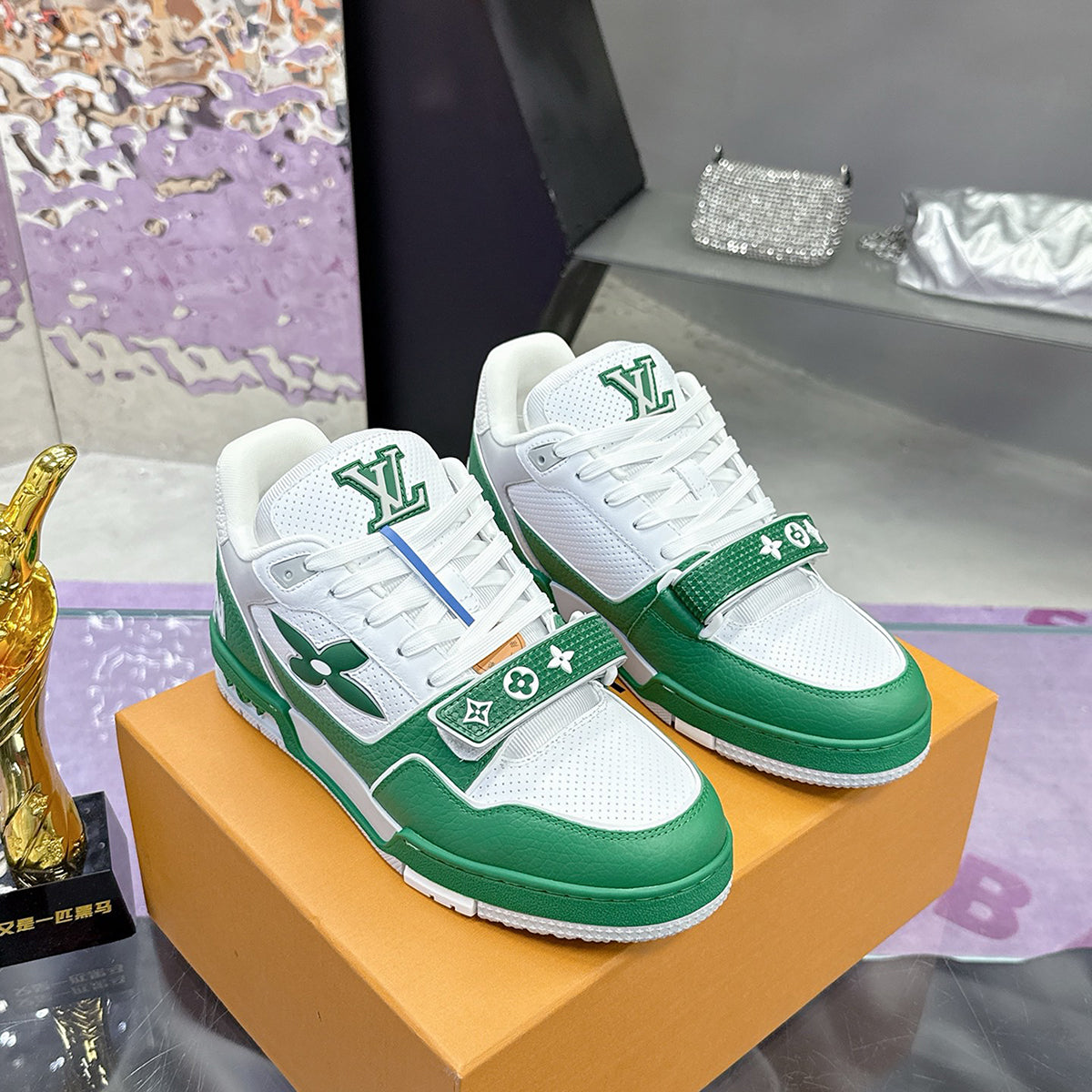 Men's Trainer Sneakers Green/White Premium Leather with Velcro Strap |1A9JHX