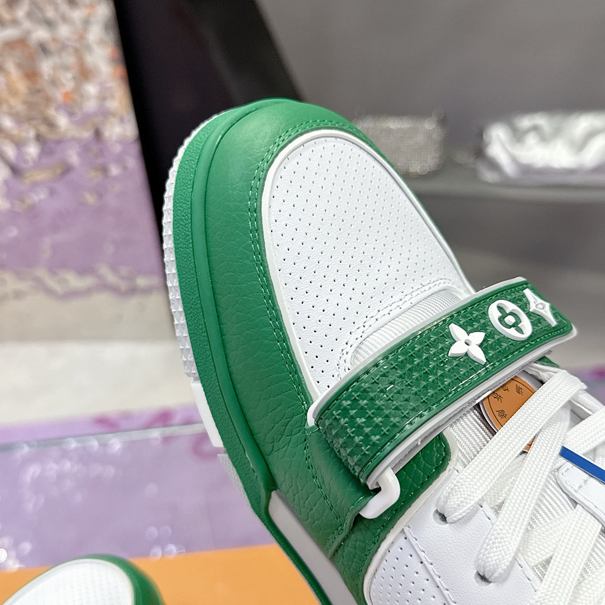 Men's Trainer Sneakers Green/White Premium Leather with Velcro Strap |1A9JHX
