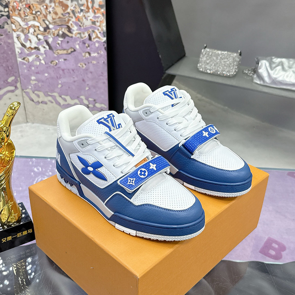 Men's Trainer Sneakers Blue-White Perforated Grained Calfskin with Velcro Strap |1AHTBV
