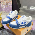 Men's Trainer Sneakers Blue-White Perforated Grained Calfskin with Velcro Strap |1AHTBV