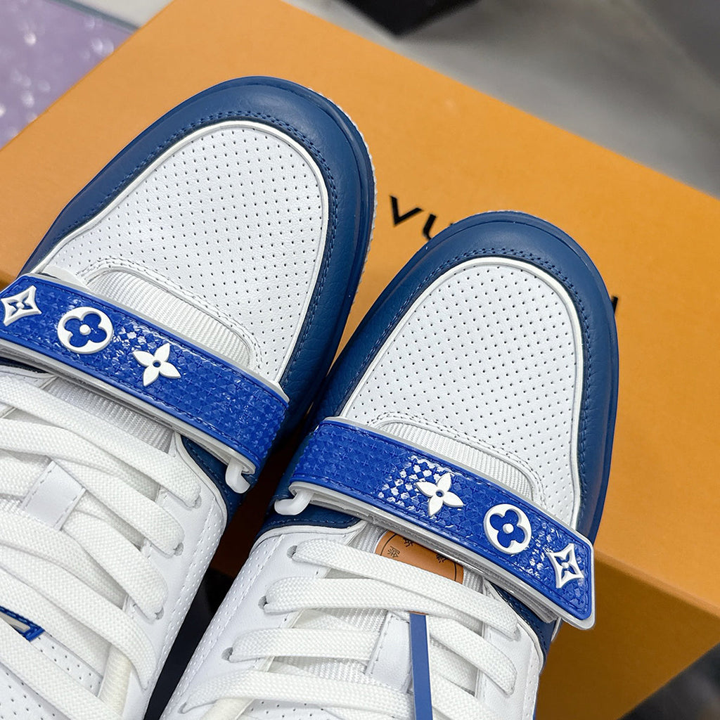 Men's Trainer Sneakers Blue-White Perforated Grained Calfskin with Velcro Strap |1AHTBV